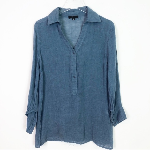 FATE CADET BLUE HENLEY POPOVER TUNIC LINEN BLOUSE WOMENS SZ SMALL - Picture 1 of 8